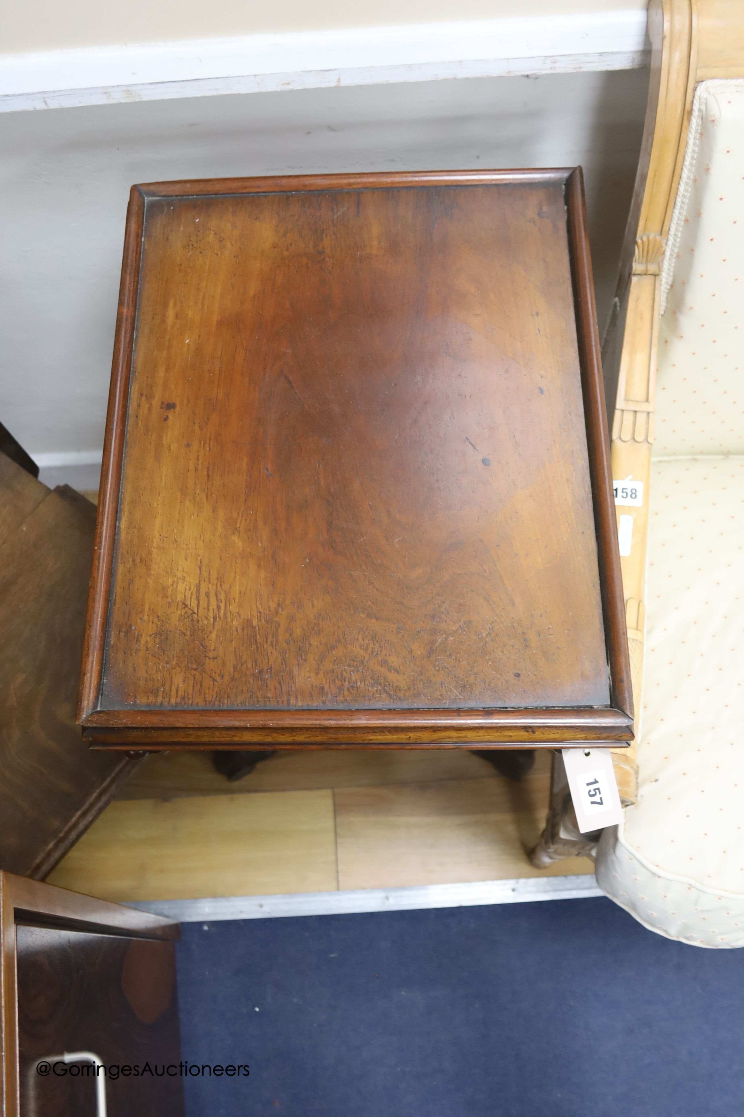 A Victorian rectangular mahogany tripod table, width 48cm, depth 38cm, height 76cm